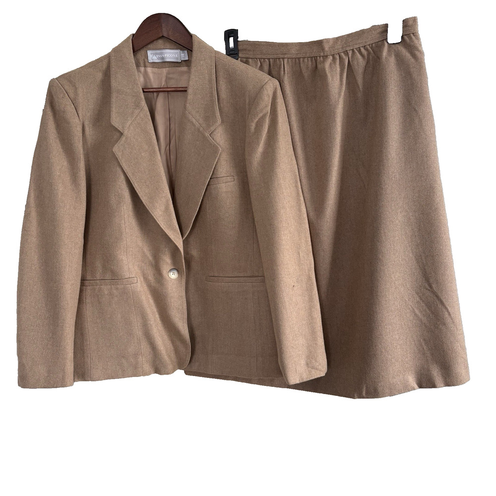 Evan-Picone Vtg 80s Union Made Tan 2 Piece Suit Skirt Jacket Wool Fits Size 12
